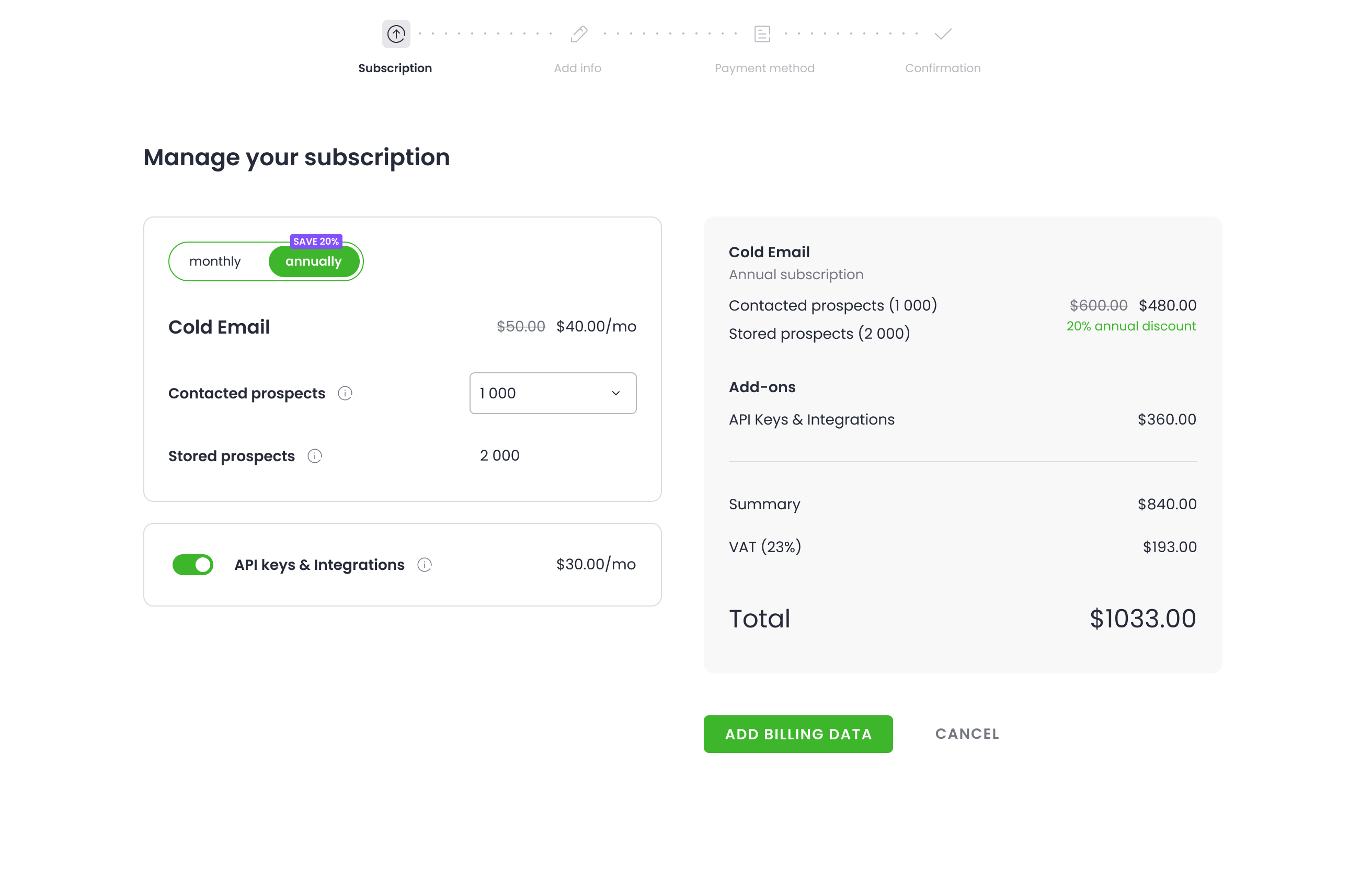 Nowy checkout — Choose your subscription z contacted/stored prospects i summary