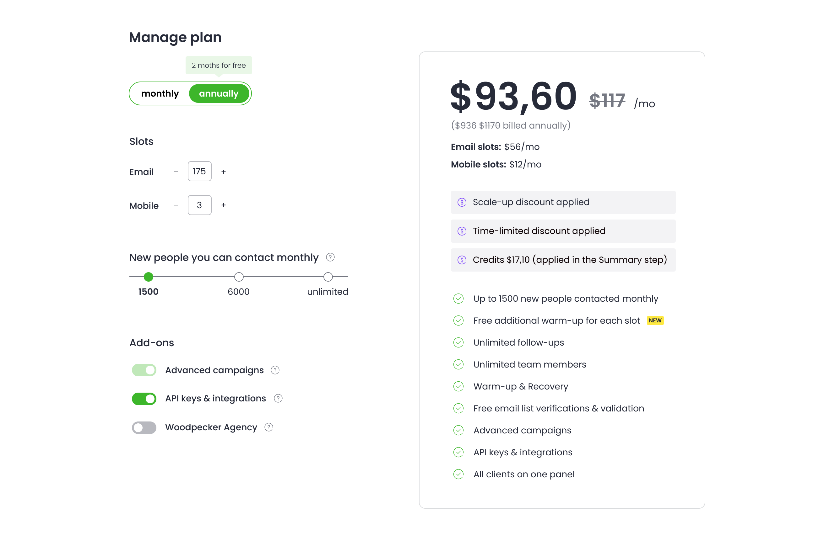 Obecny widok Manage plan — sloty email/mobile i add-ony