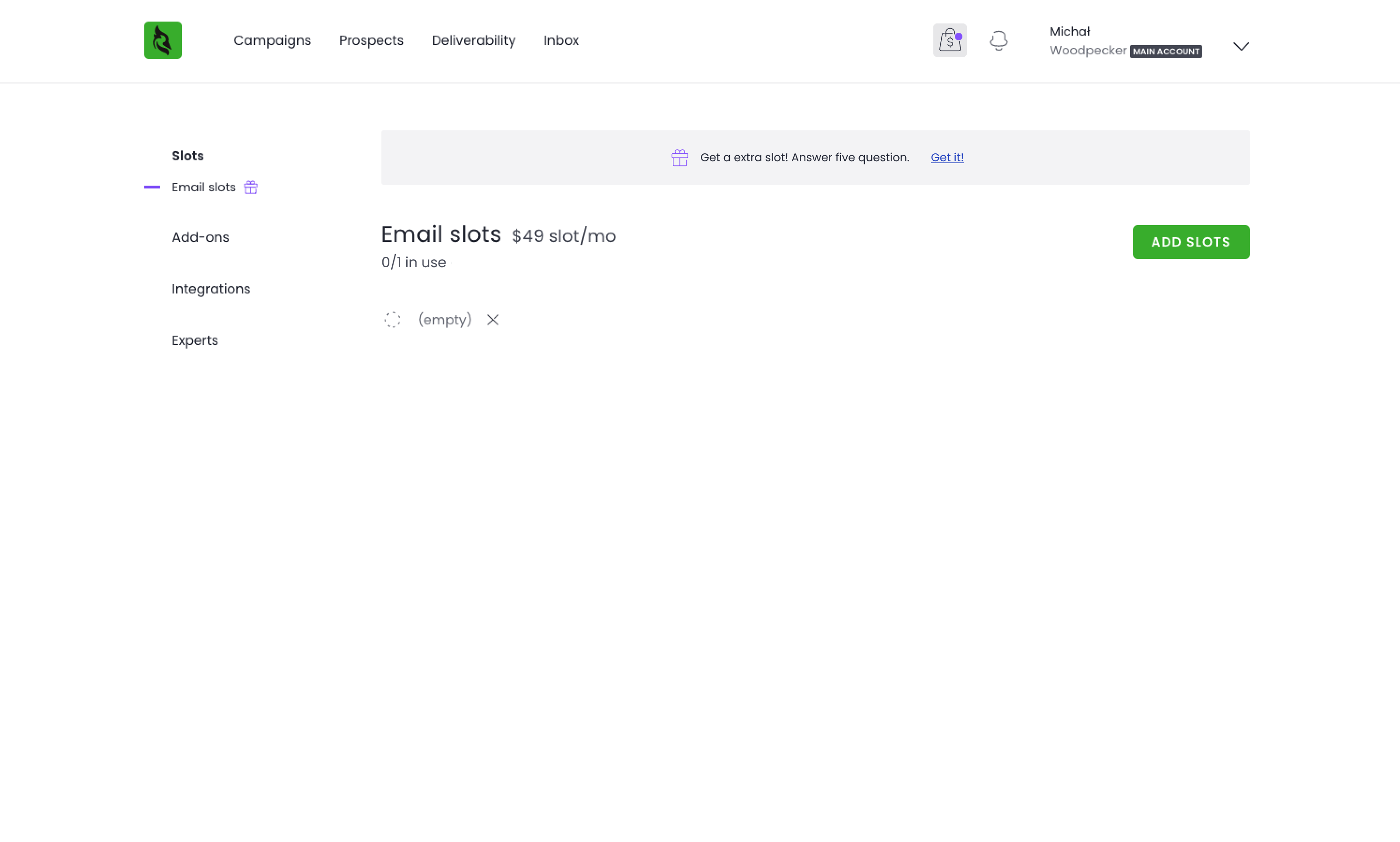 Obecny widok Email slots — model rozliczeń oparty na slotach