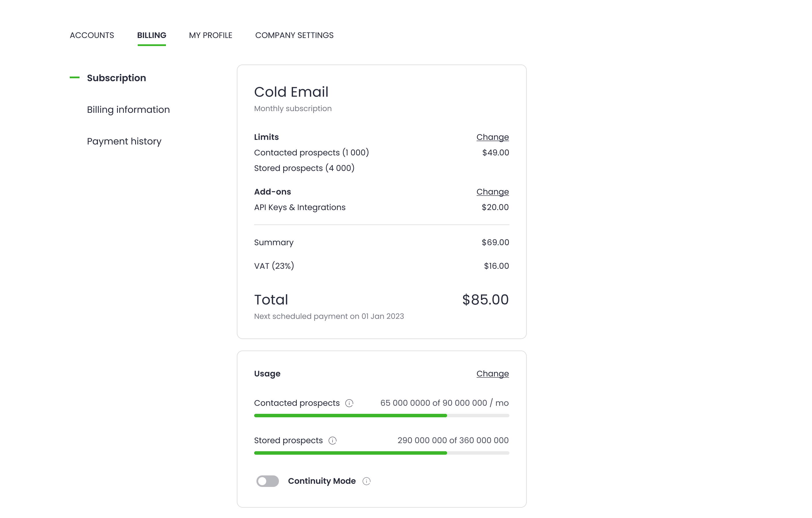 Panel Billing — Cold Email subscription, limity, add-ony i wykorzystanie pakietu Contacted & Stored Prospects
