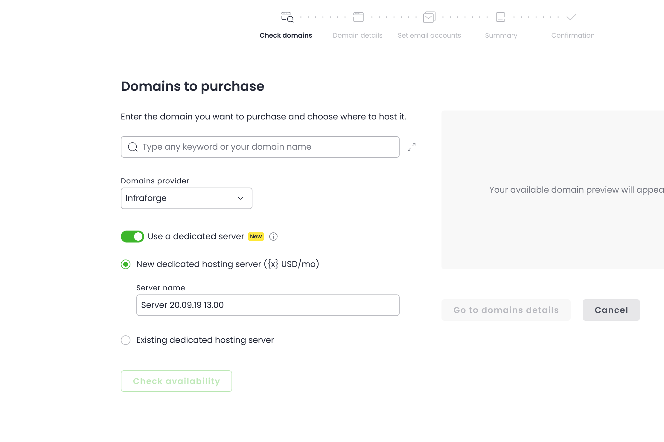Krok Check domains z wyborem providera domen i opcją dedykowanego serwera