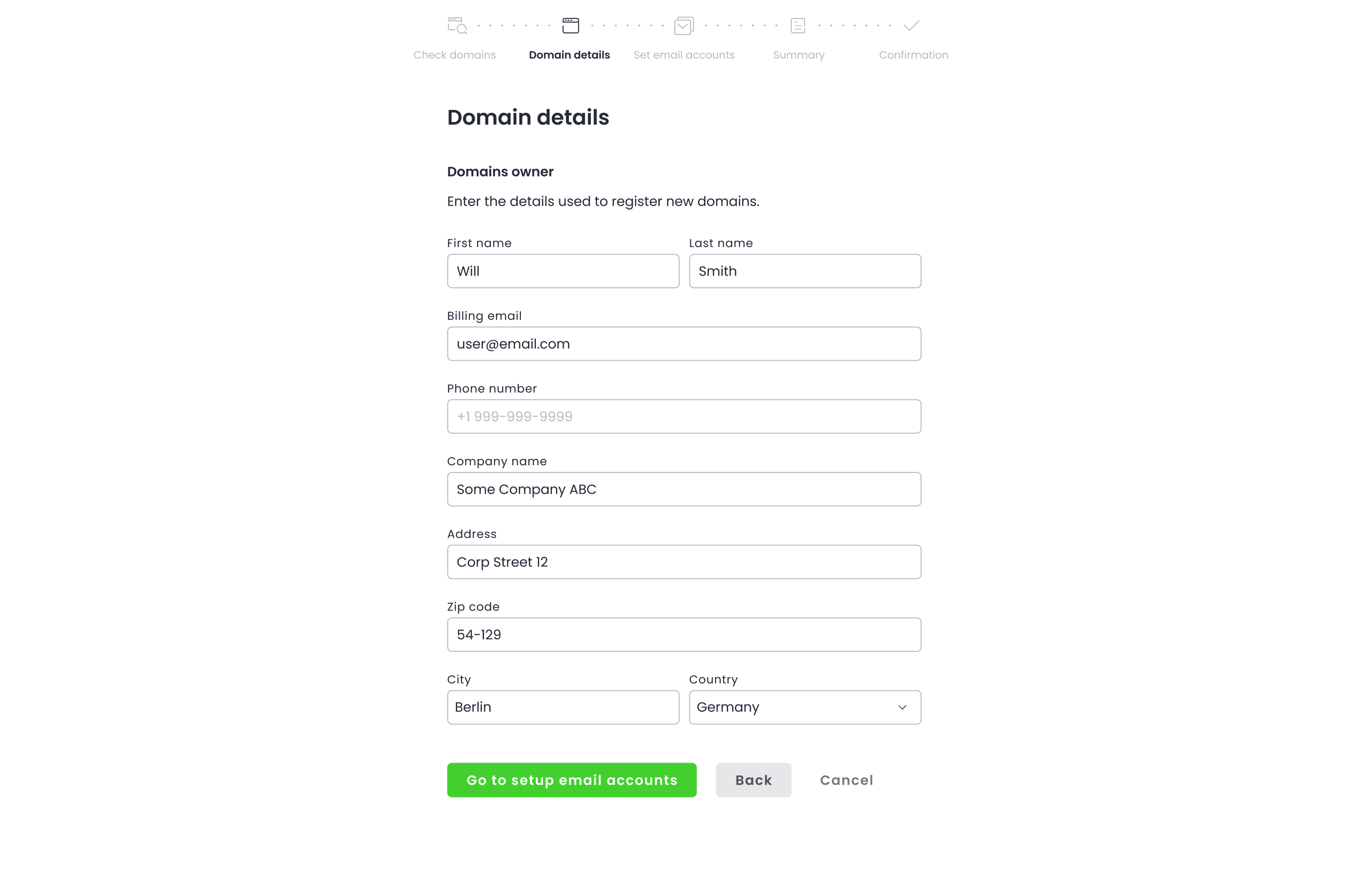 Krok Domain details — formularz danych właściciela domeny