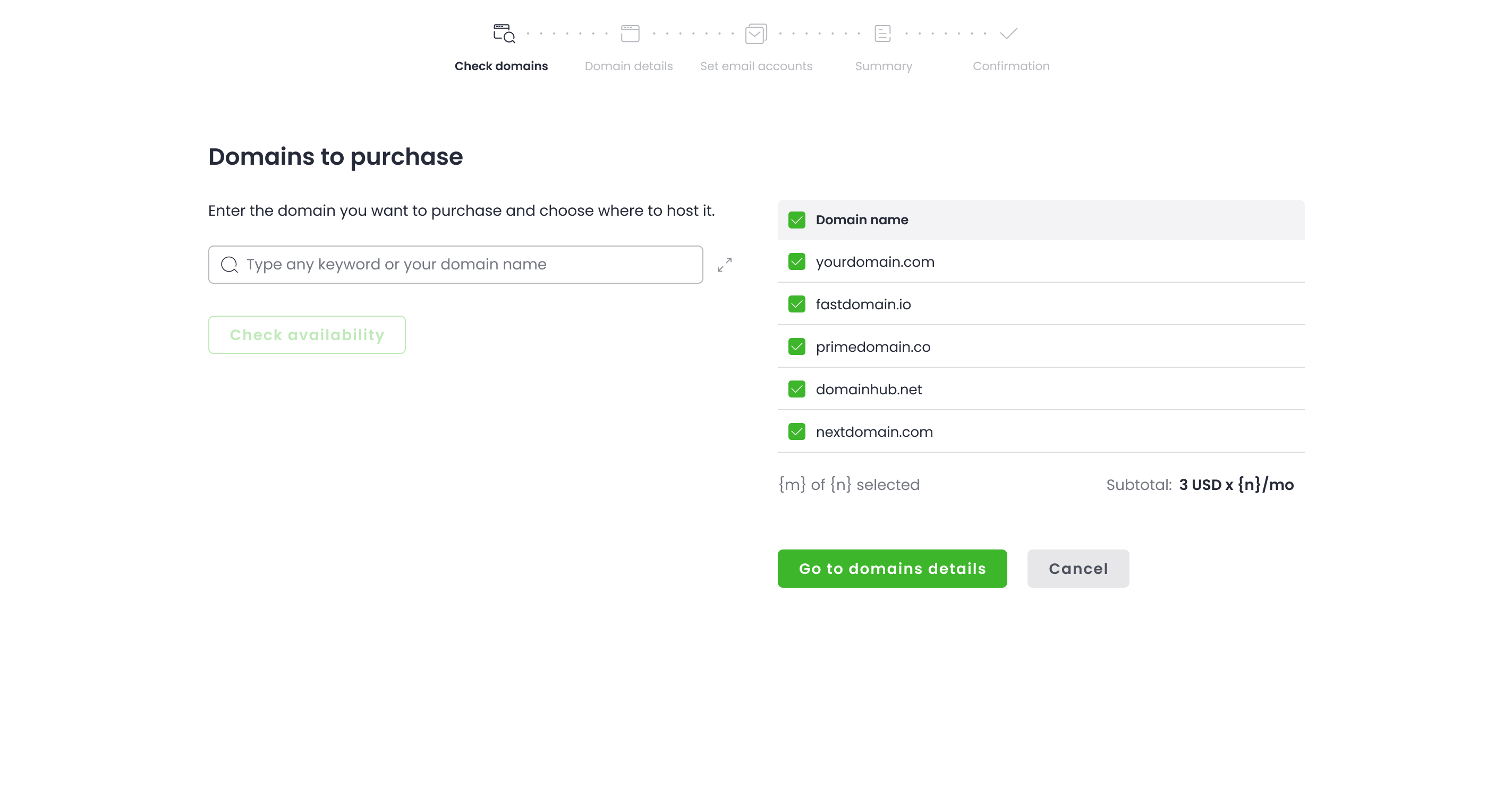 Krok Check domains — lista wybranych domen do zakupu