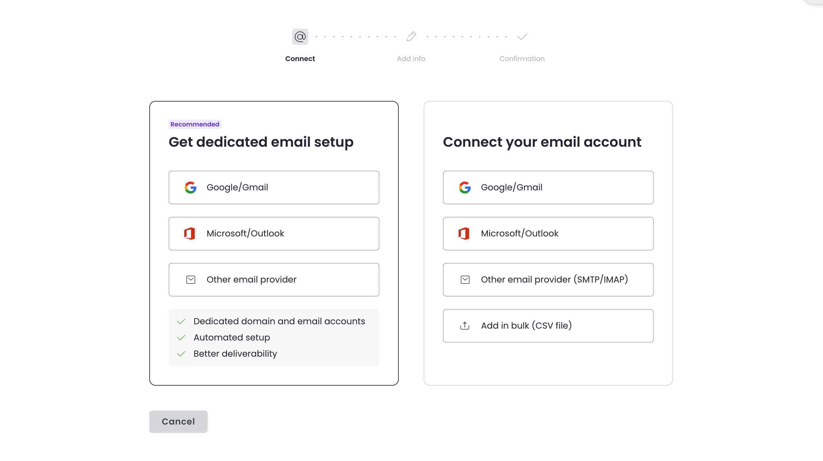 Krok Connect — wybór dedykowanego setupu lub podłączenia istniejącego konta email