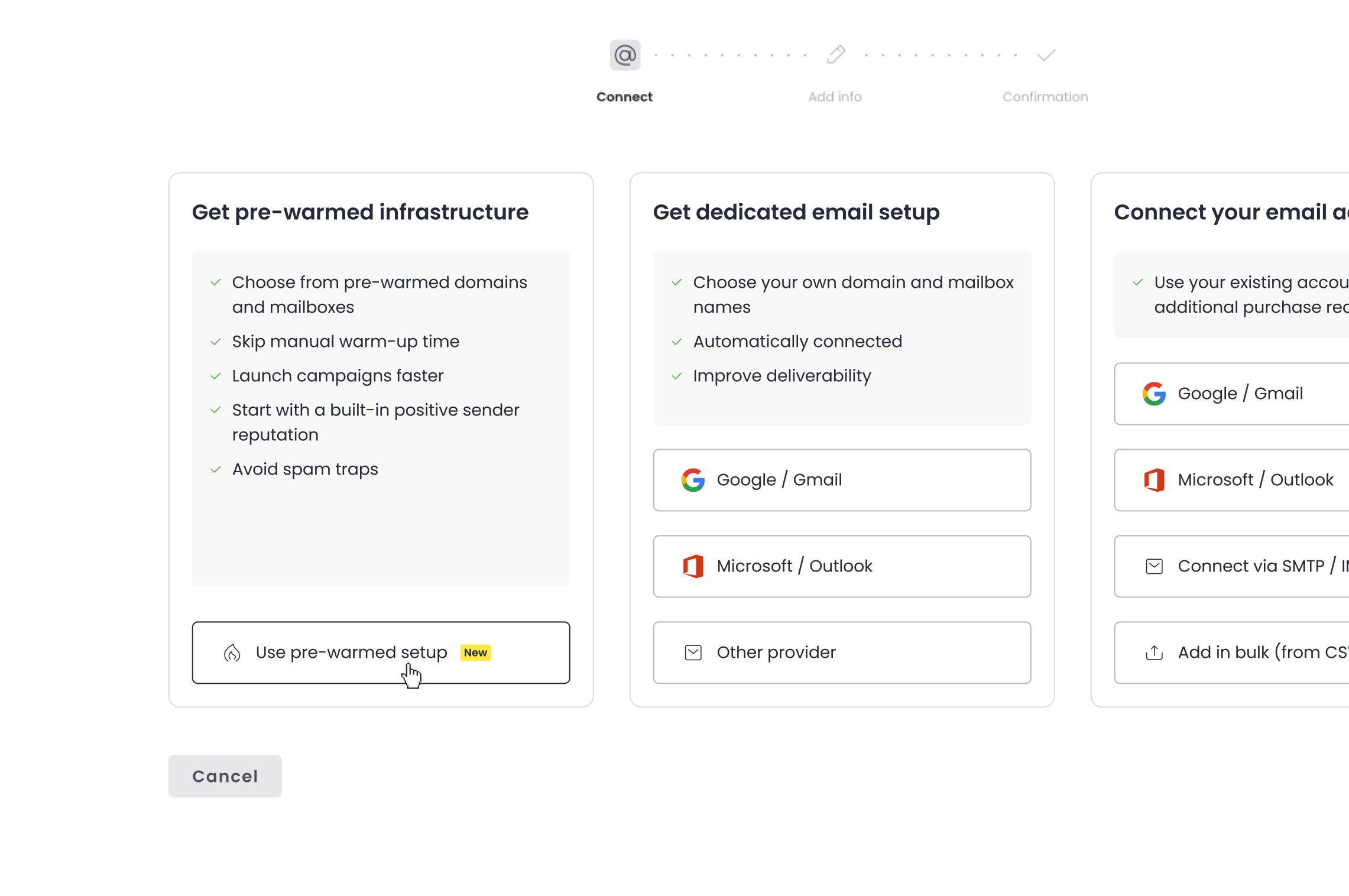 Krok Connect z opcją Get pre-warmed infrastructure obok dedykowanego i ręcznego setupu