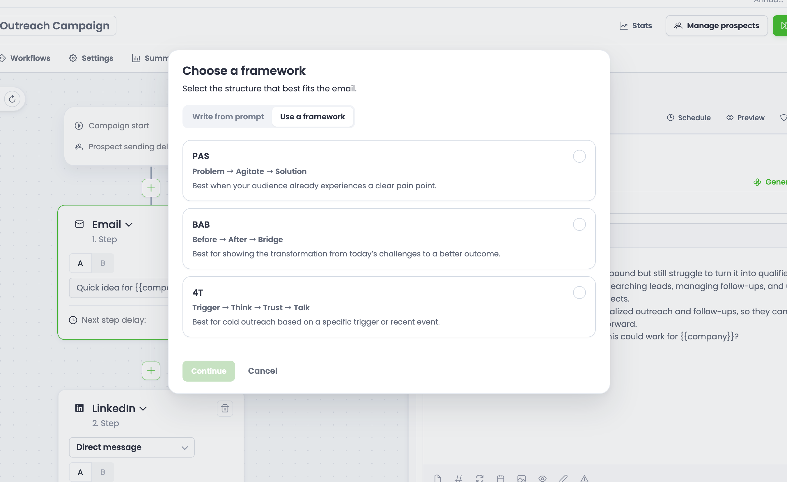 Modal Choose a framework z opcjami PAS, BAB, 4T