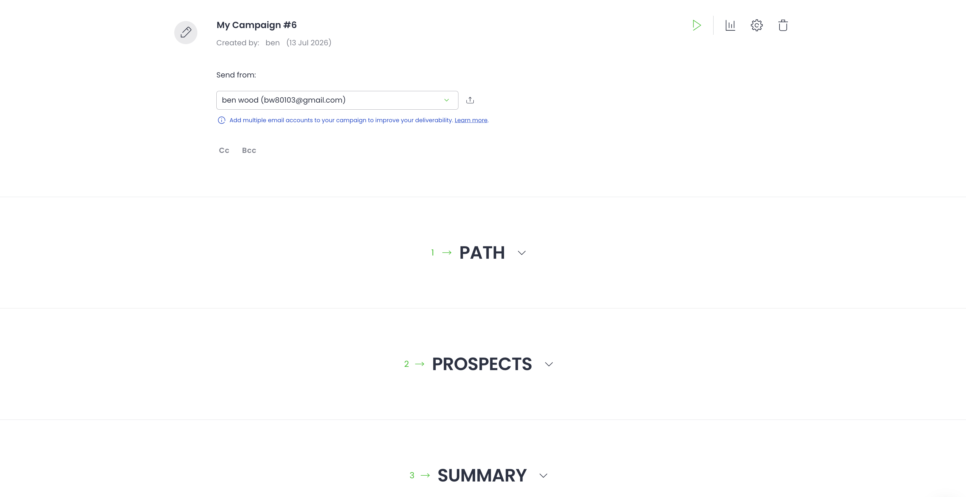 Stary edytor kampanii z liniowym układem zakładek Path, Prospects, Summary