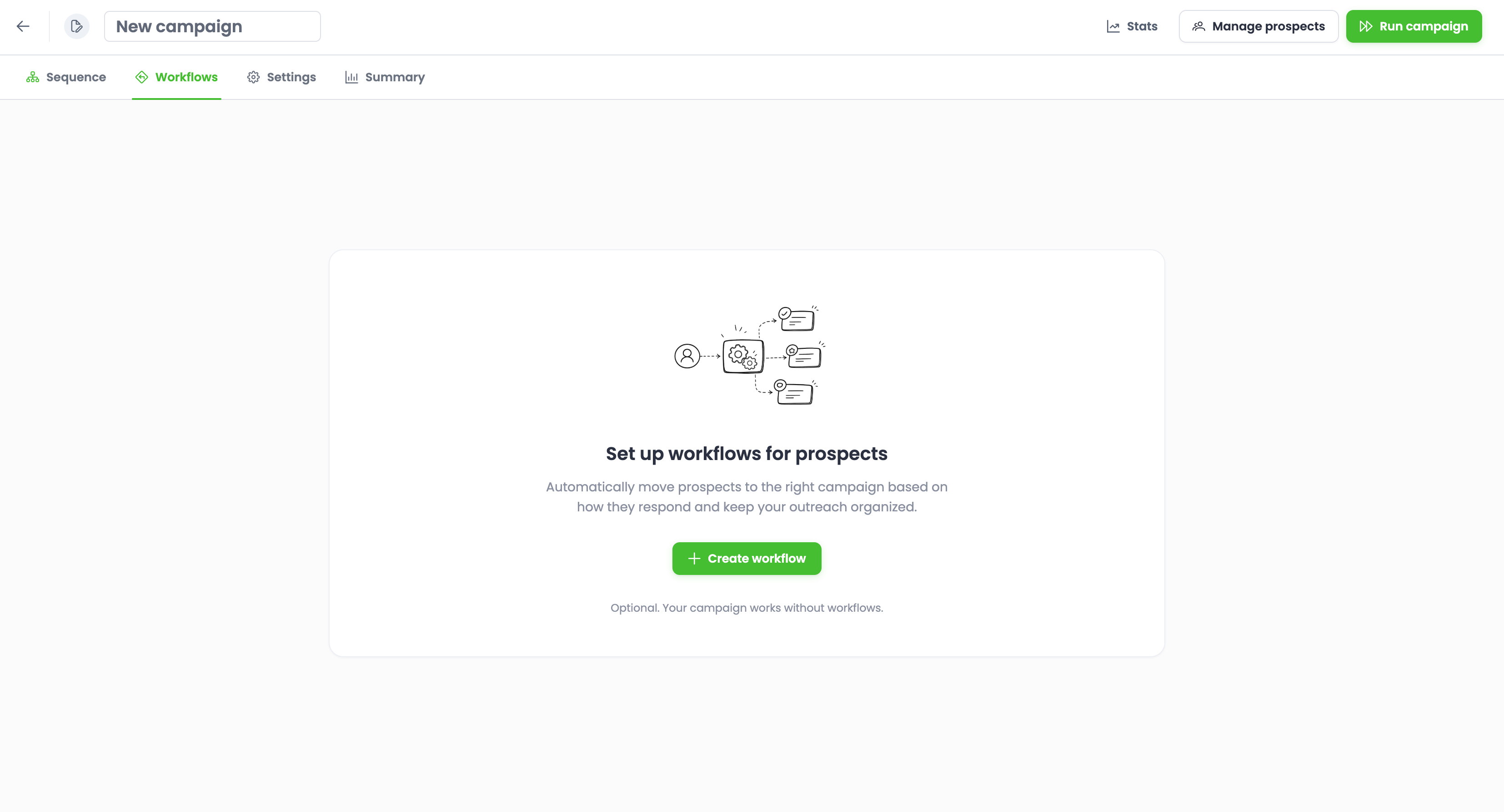 Workflows tab z opcją Set up workflows for prospects