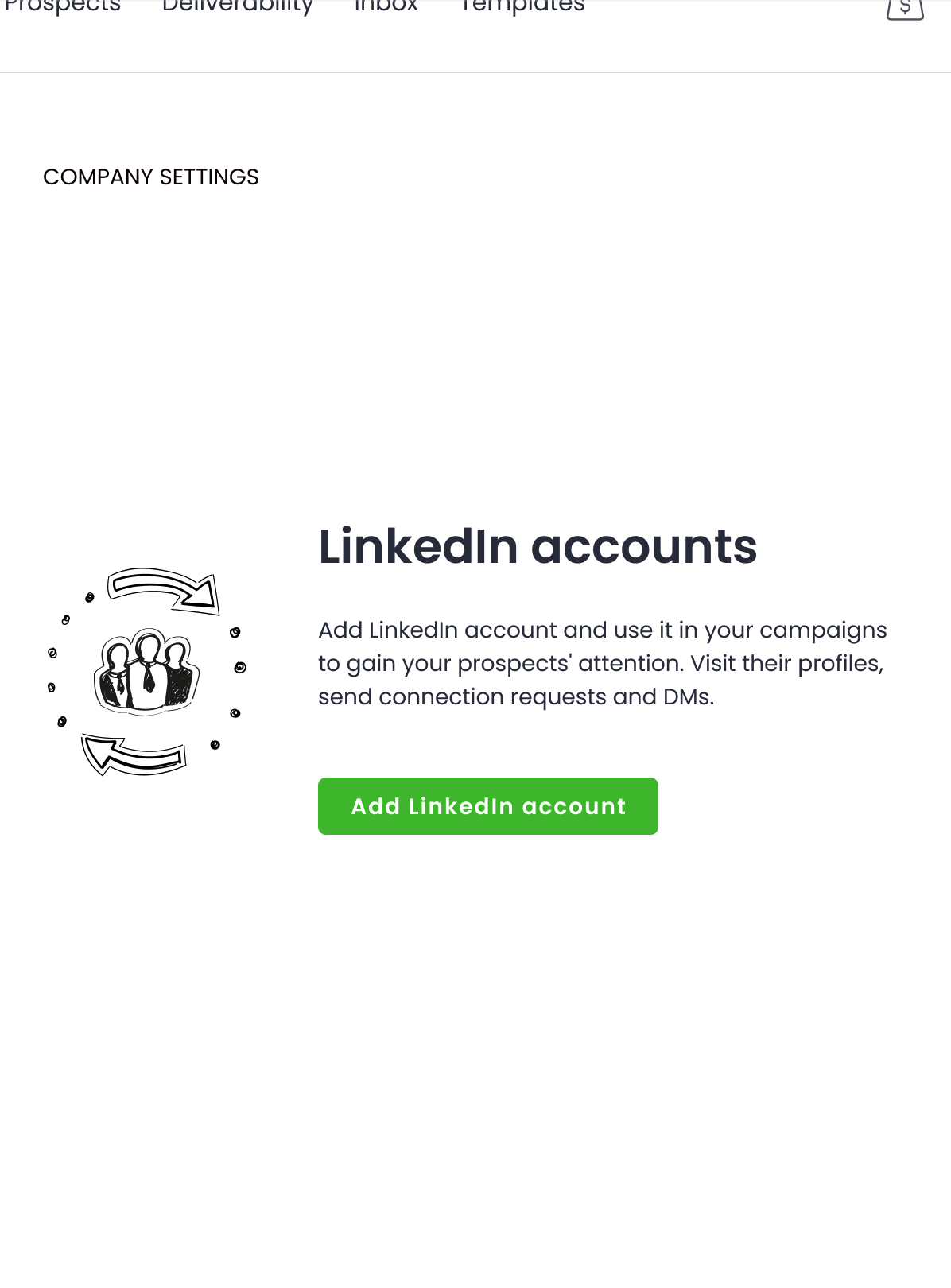 Wejście do flow — sekcja LinkedIn accounts, CTA Add LinkedIn account