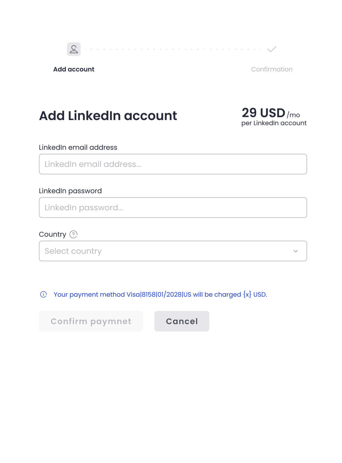 Modal dodawania konta LinkedIn — dane logowania i płatność