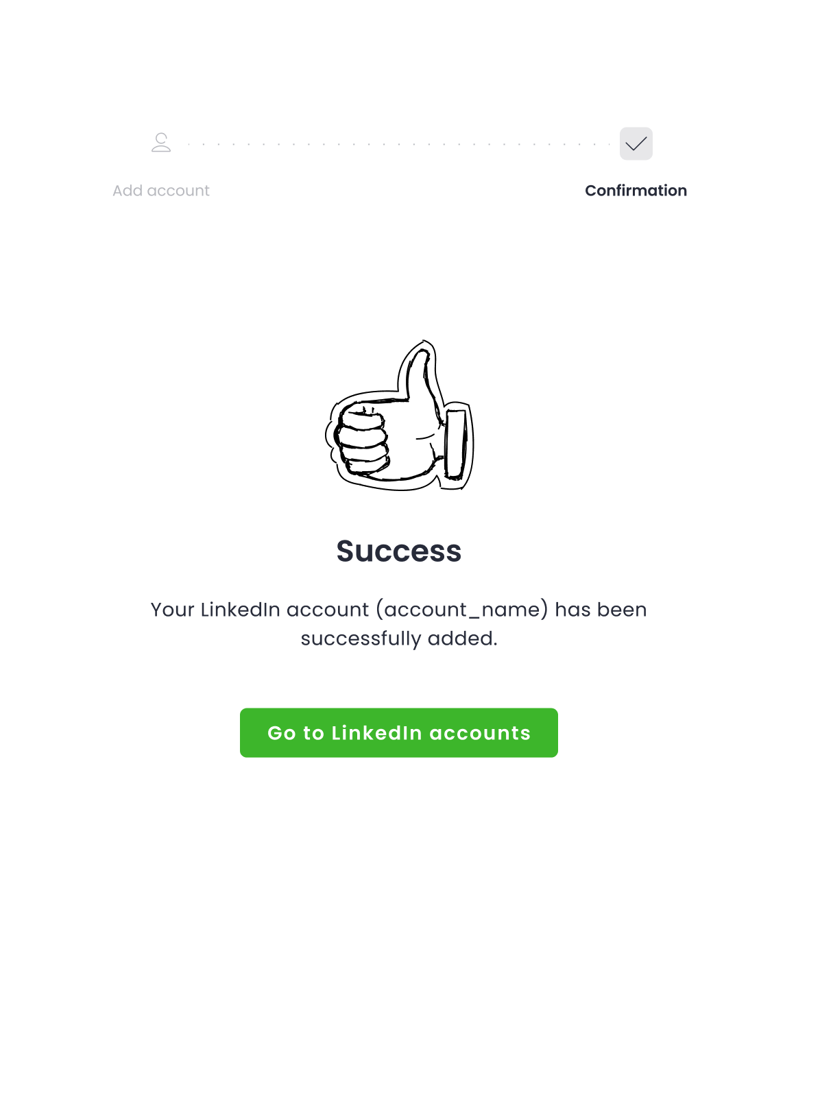 Potwierdzenie dodania konta LinkedIn — ekran Success