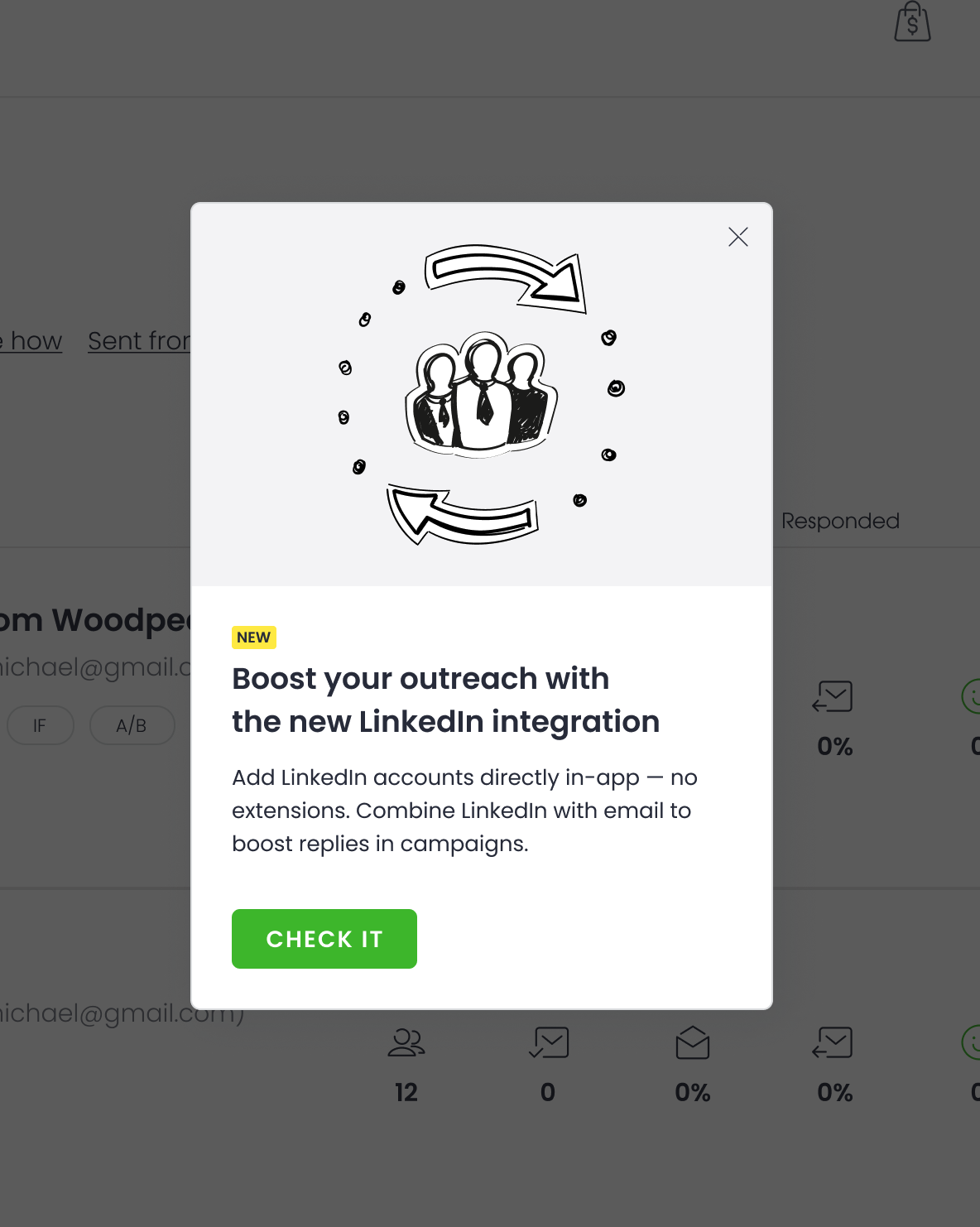 Modal onboardingowy o nowej integracji LinkedIn