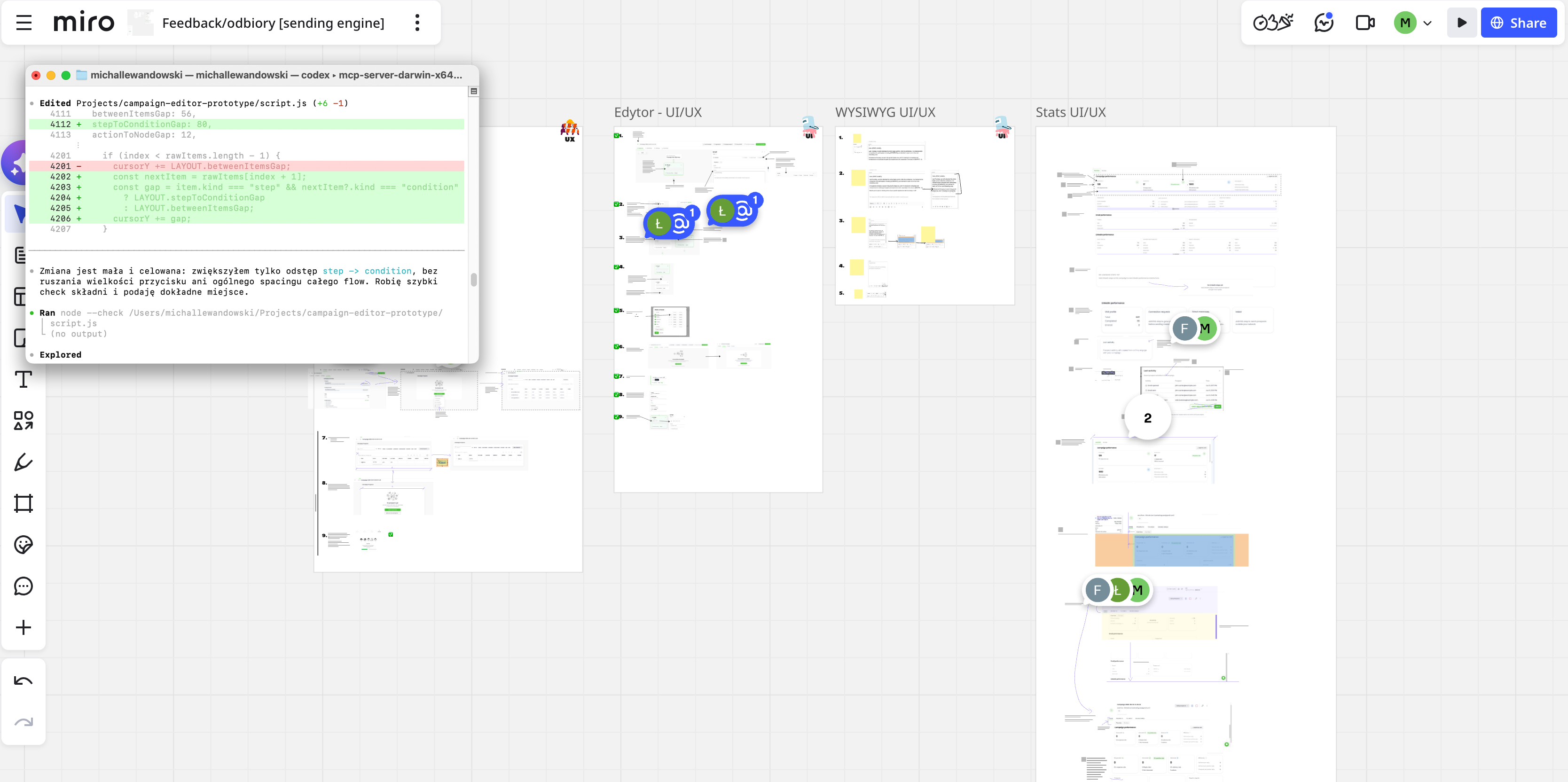 Tablica Miro z przeglądem prototypu edytora kampanii — kolejne wersje i feedback zespołu